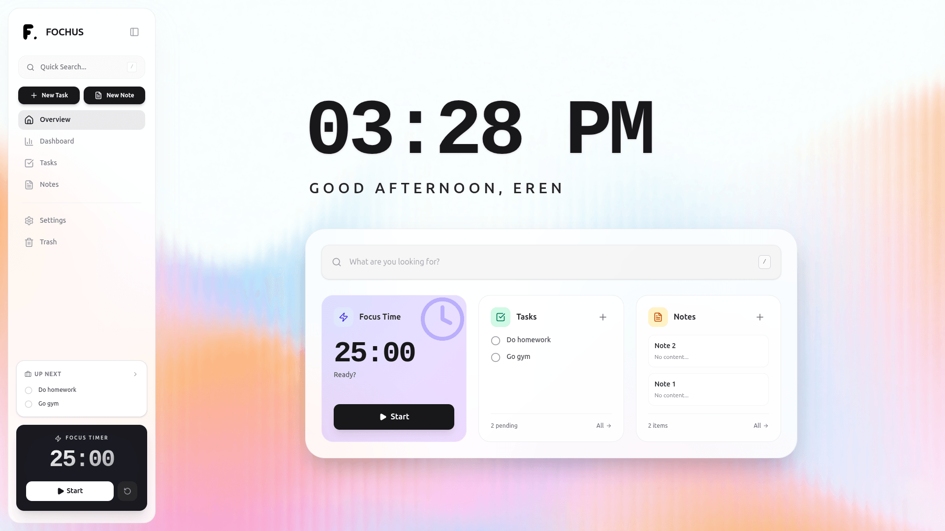 Fochus in light mode: the overview screen with tasks, notes, and a Pomodoro timer